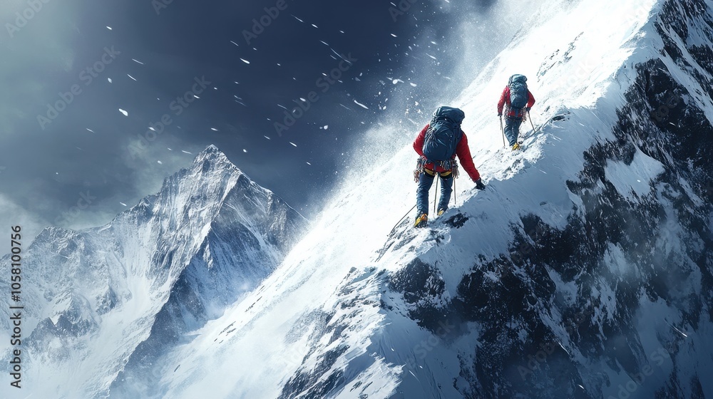 Two Climbers Ascending a Snowy Mountain Peak in a Windy Blizzard Two Climbers Ascending a Snowy Mountain Peak in a Windy Blizzard