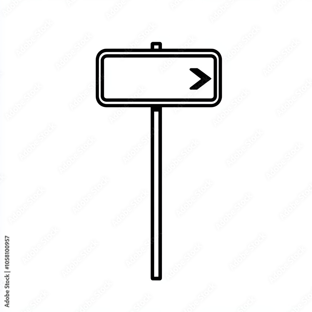 The design features a minimalist road sign pointing to the right, in black and white on a white background, appropriate for navigation contexts, icon The design features a minimalist road sign pointing to the right, in black and white on a white background, appropriate for navigation contexts, icon