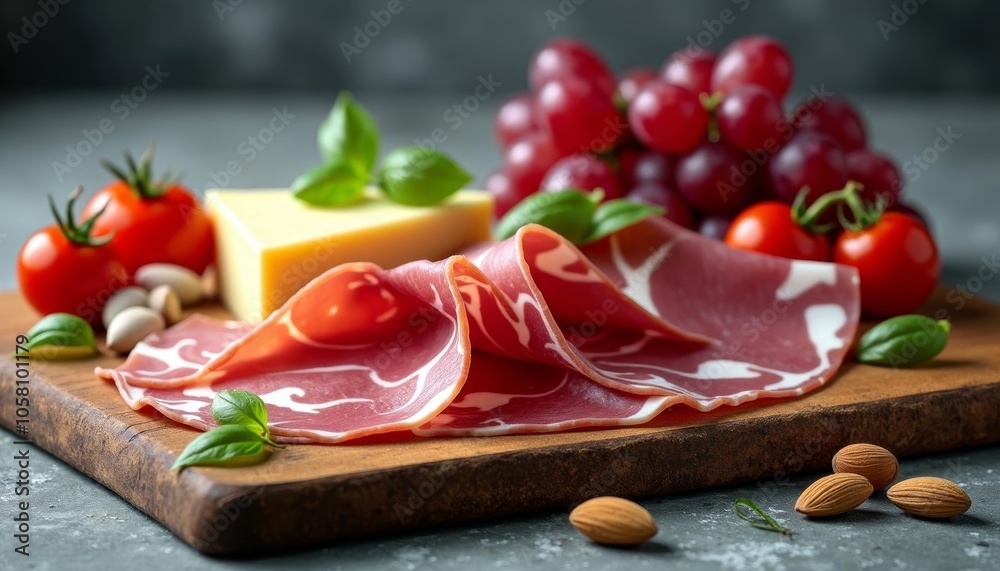 Deliciously arranged charcuterie board with fresh produce and nuts Deliciously arranged charcuterie board with fresh produce and nuts