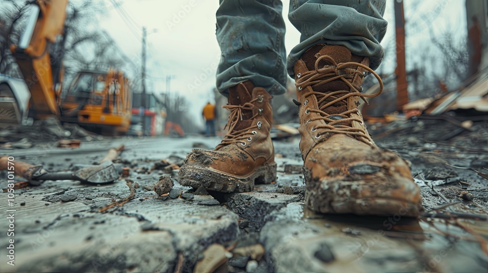 Construction Workers Actively Demolishing Asphalt at a Job Site, Showcasing Heavy Machinery and Teamwork Construction Workers Actively Demolishing Asphalt at a Job Site, Showcasing Heavy Machinery and Teamwork