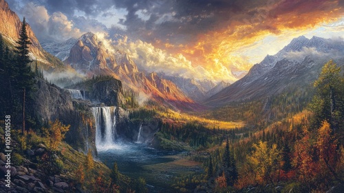 Majestic Waterfall in the Mountain Valley