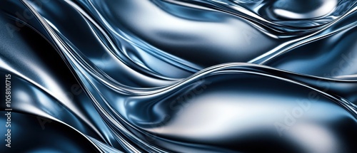 Abstract Metallic Blue Background with Glossy, Smooth Curves and Waves.