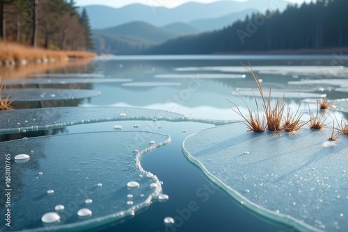  Peaceful lake with floating ice and reeds photo