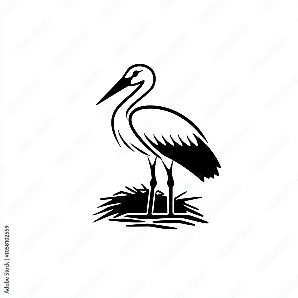 Obraz premium This black and white illustration depicts a stork standing gracefully near its nest, capturing the serene essence of wildlife, icon