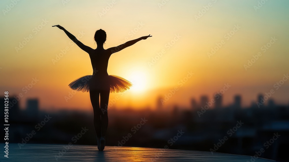 Fototapeta premium Silhouette of a Ballerina Dancing at Sunset with City Skyline in the Background.
