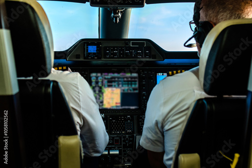 Pilots in flight of a jet plane with a sample of the interior of the cabin with the buttons and controls and the screen