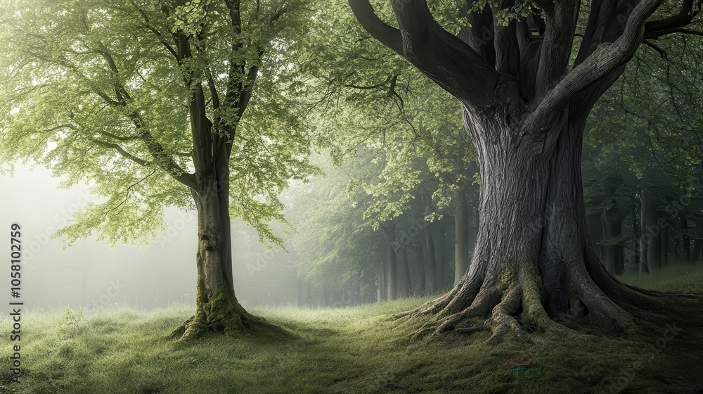 Majestic Old Trees in a Foggy Forest with Sunlight Shining Through the Canopies - Nature Photography. Majestic Old Trees in a Foggy Forest with Sunlight Shining Through the Canopies - Nature Photography.