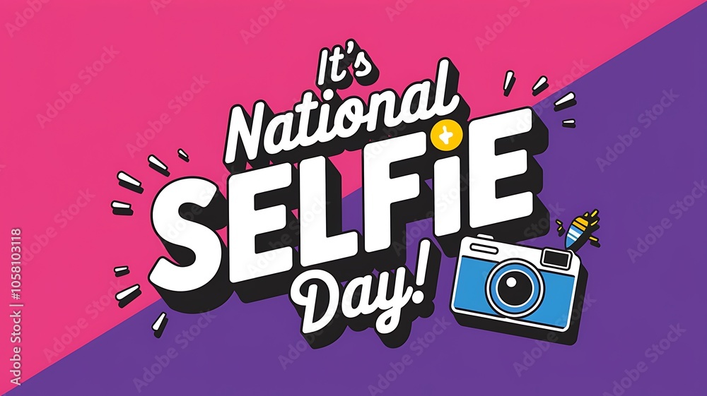 National Selfie Day Announcement with a Camera and Starburst Design National Selfie Day Announcement with a Camera and Starburst Design