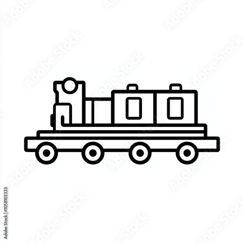 This black and white line illustration showcases a classic toy train, featuring a simple locomotive design with wheels and a clean outline on a white background, icon