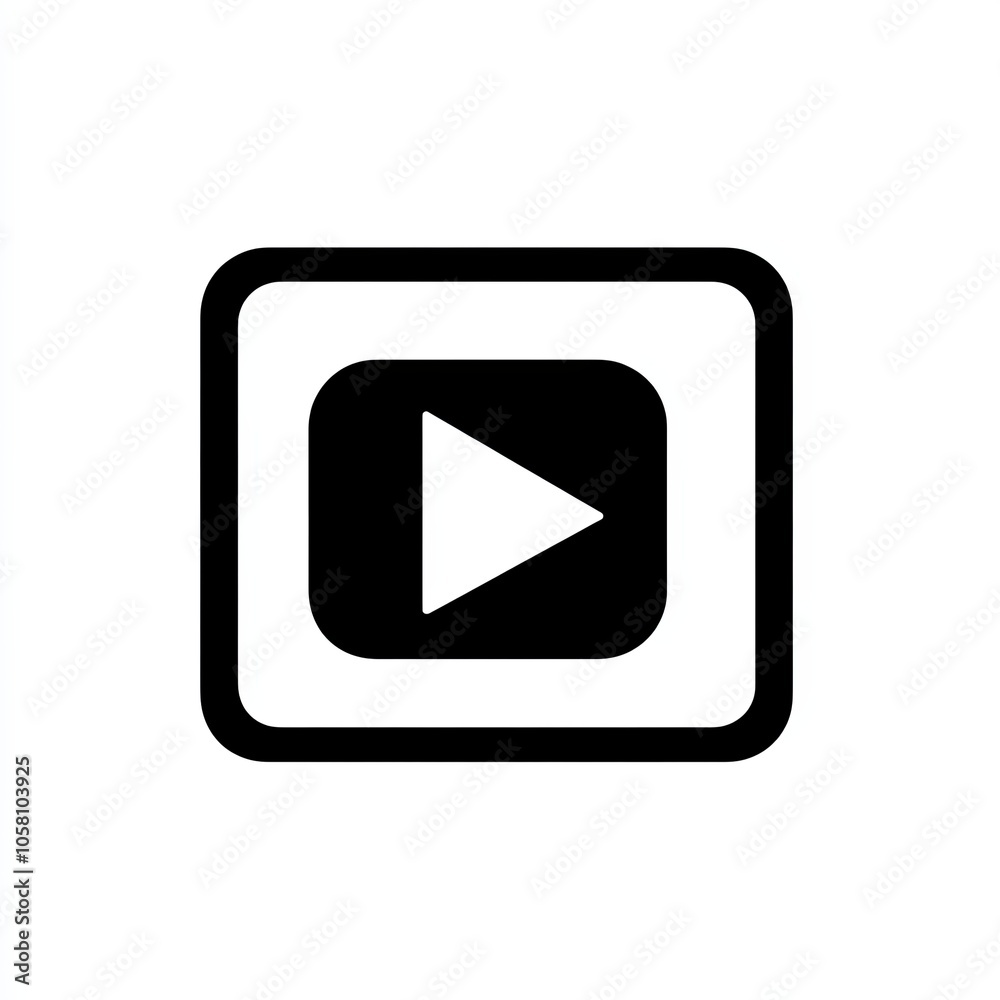 This graphic showcases a minimalist black and white video player against a white backdrop, emphasizing the central play button symbol for easy identification, icon This graphic showcases a minimalist black and white video player against a white backdrop, emphasizing the central play button symbol for easy identification, icon