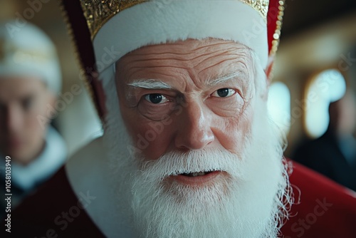 Portrait of an older man dressed as Saint Nicholas in a traditional red and gold robe with a thoughtful expression bringing a sense of wisdom and gravitas to the festive season photo