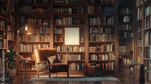 Wallpaper Mural Cozy Reading Nook in a Classic Library with a Leather Armchair, Bookshelves, and a Floor Lamp Torontodigital.ca