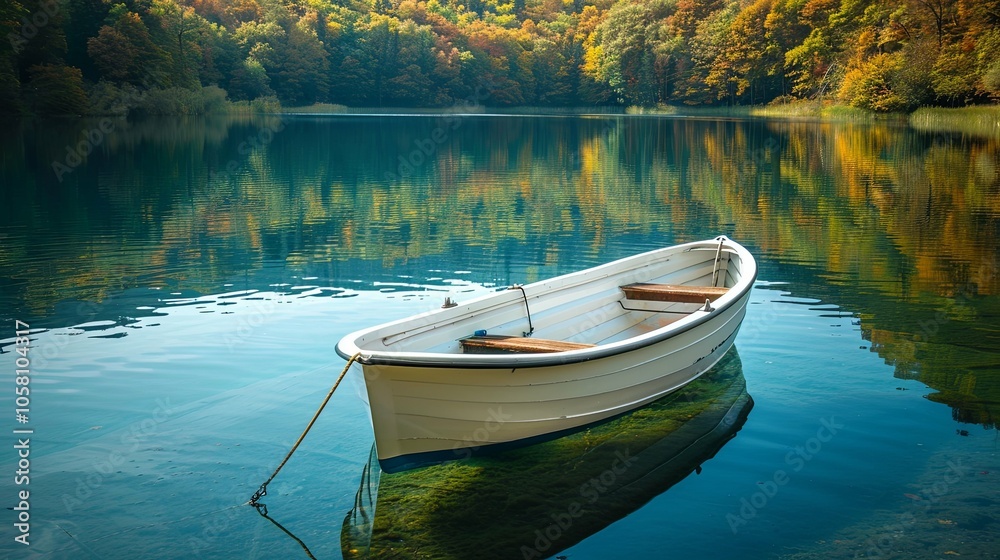 Serene Scene of a Small Boat Drifting on a Calm Lake, Capturing the Essence of Tranquility Serene Scene of a Small Boat Drifting on a Calm Lake, Capturing the Essence of Tranquility