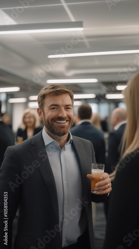 a happy man in the office celebrating with a drink and colleagues during a new year's party after office