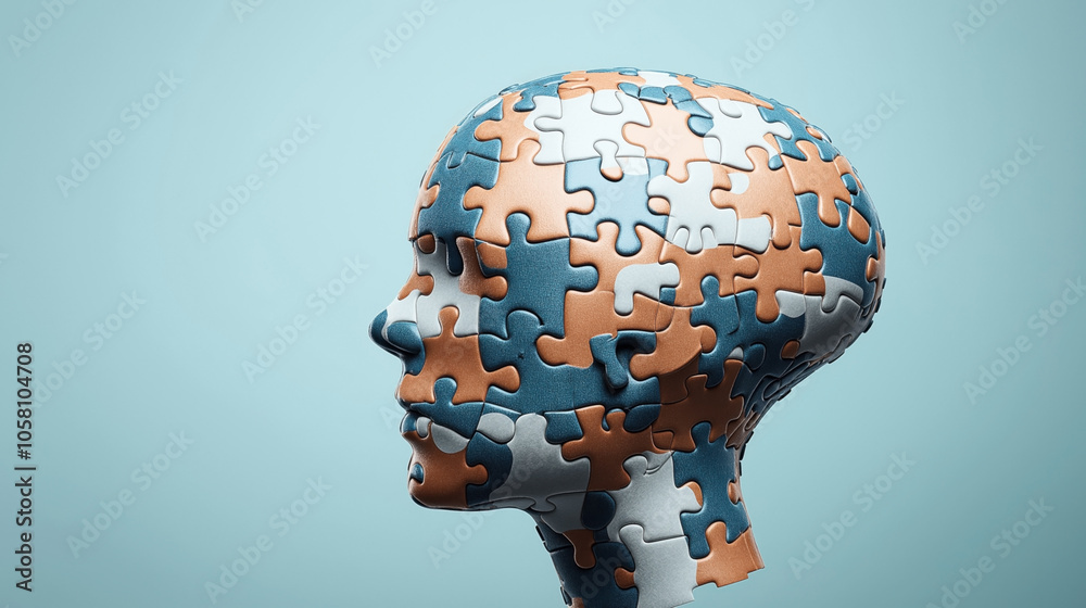 Φωτογραφία Abstract representation of a human head made from interlocking puzzle pieces in shades of blue, orange, and white against a plain background