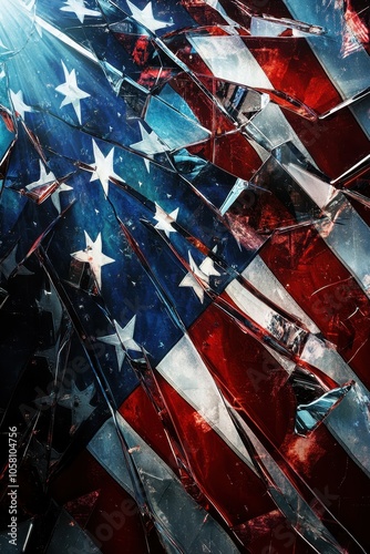 Shattered American Flag - Broken Glass with Stars and Stripes.