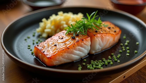  Deliciously grilled salmon with a side of rice and herbs