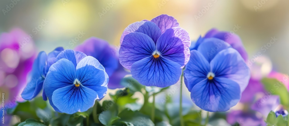 A close up shot of blue pansies in bloom with green foliage and a blurred background. A close up shot of blue pansies in bloom with green foliage and a blurred background.