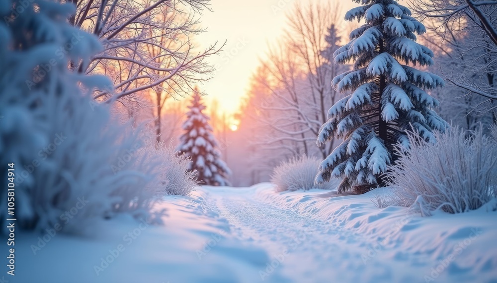 Snowy path leading to a serene winter wonderland Snowy path leading to a serene winter wonderland
