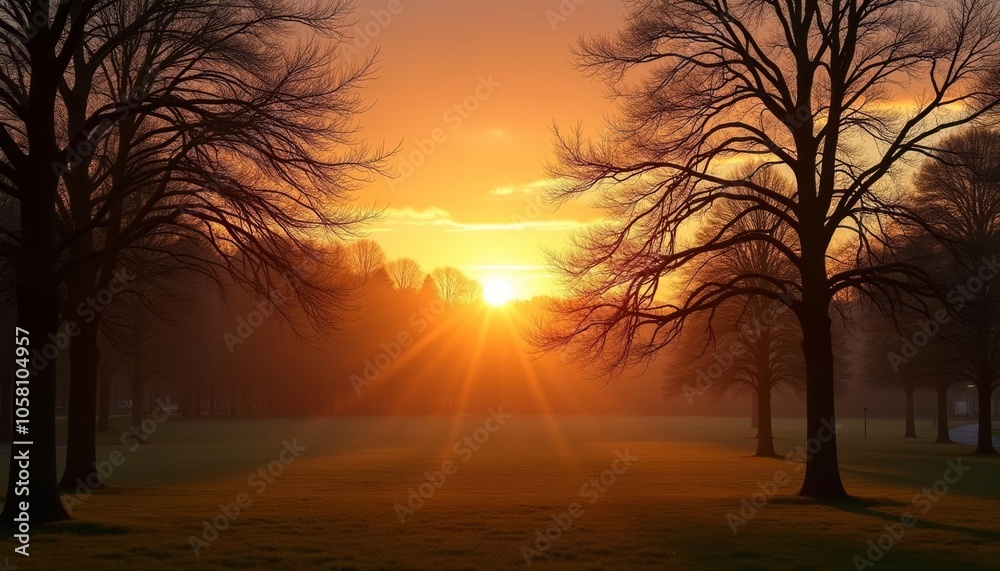 Sunsets golden glow illuminates a serene park Sunsets golden glow illuminates a serene park