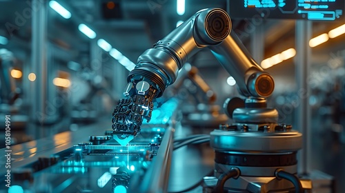 A robotic arm delicately manipulates components on a futuristic assembly line, showcasing advanced automation technology in a vibrant industrial setting. photo