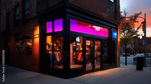 Corner storefront with vibrant pink and purple lighting at dusk.