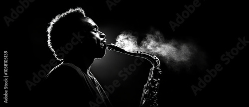 jazz saxophonist performing passionately under dim lights, creating smoky atmosphere. silhouette captures essence of music and emotion