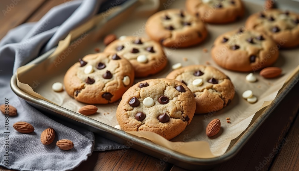 Deliciously baked chocolate chip cookies on a tray Deliciously baked chocolate chip cookies on a tray