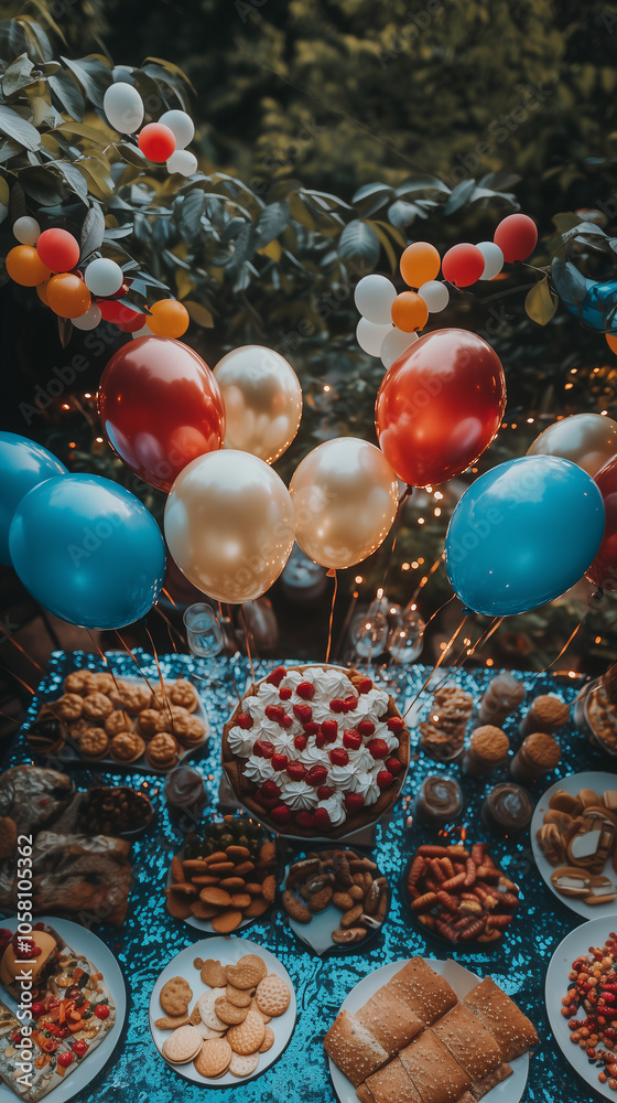 a dessert table decorated with red, white, and blue balloons for a celebration, such as a birthday or new year's party after work