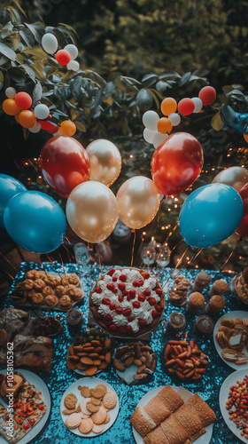 Obraz na płótnie a dessert table decorated with red, white, and blue balloons for a celebration, such as a birthday or new year's party after work w salonie