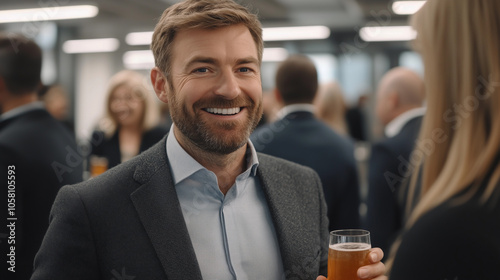 a happy man in the office celebrating with a drink and colleagues during a new year's party after office