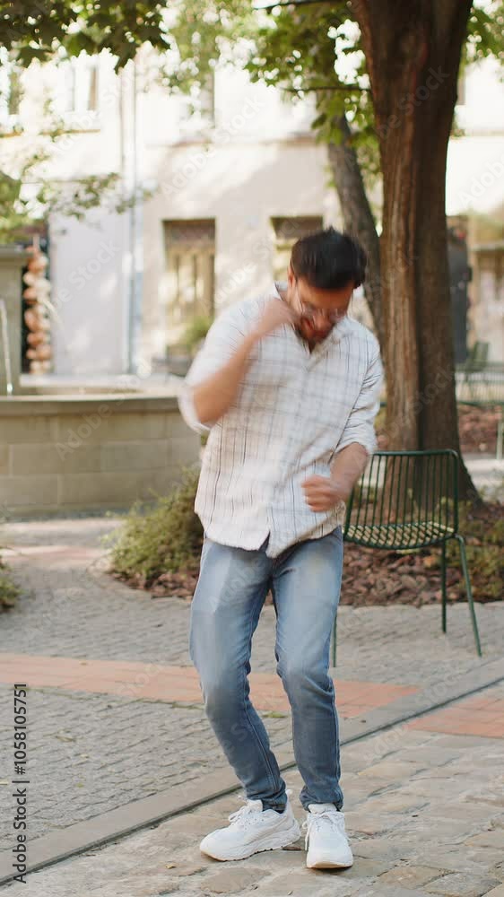 Excited happy man traveler shouting, celebrating success, winning, goal achievement, good news, lottery jackpot luck, victory outdoors. Young Hispanic guy walking on urban city street. Lifestyles. Excited happy man traveler shouting, celebrating success, winning, goal achievement, good news, lottery jackpot luck, victory outdoors. Young Hispanic guy walking on urban city street. Lifestyles.