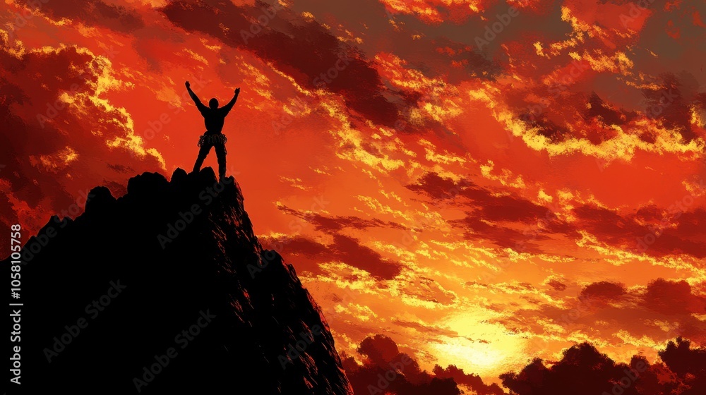 Silhouette of a Climber Reaching the Summit with a Dramatic Sunset Sky Silhouette of a Climber Reaching the Summit with a Dramatic Sunset Sky