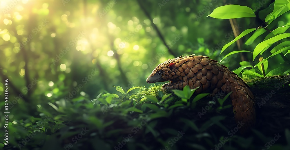 A pangolin on natural background.. Suitable for marketing or business purposes. Panoramic banner with place for text A pangolin on natural background.. Suitable for marketing or business purposes. Panoramic banner with place for text