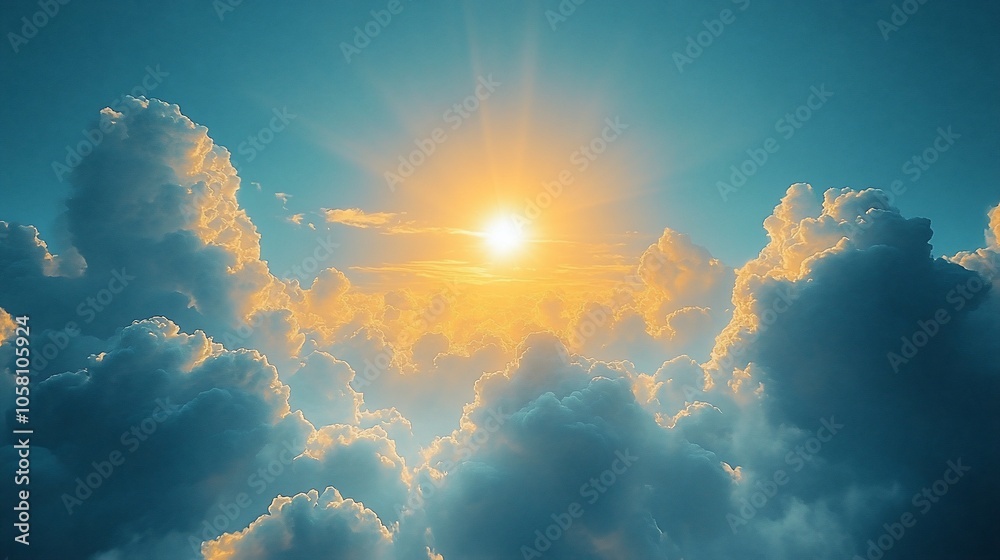 Sun shining through fluffy clouds in a blue sky. Sun shining through fluffy clouds in a blue sky.