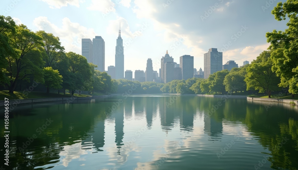 Tranquil cityscape with a serene lake reflecting the skyline Tranquil cityscape with a serene lake reflecting the skyline