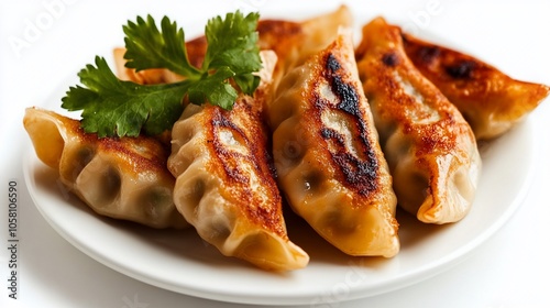 Pan-fried dumplings on a white plate, garnished with fresh parsley.