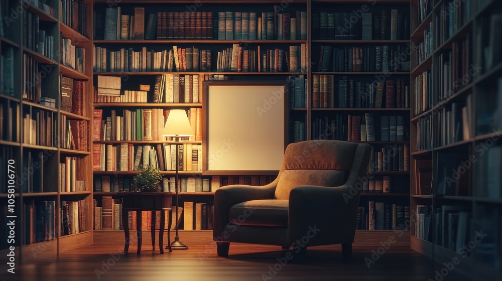 Cozy Reading Nook with Armchair, Bookshelves, and Lamp in a Warm, Inviting Library Cozy Reading Nook with Armchair, Bookshelves, and Lamp in a Warm, Inviting Library