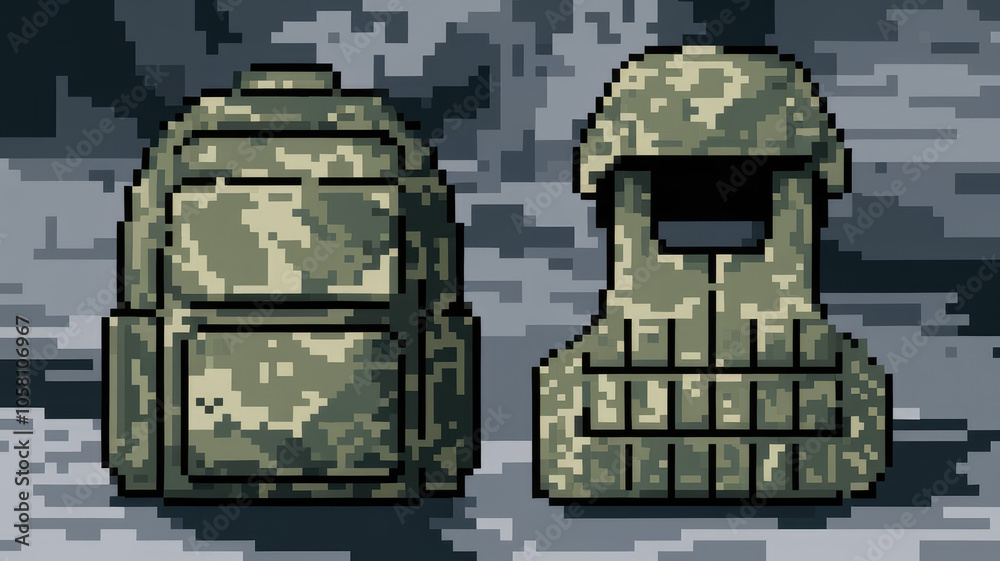 A pixel art illustration featuring a military-style backpack and a helmet, both designed in a camo pattern, set against a muted background, capturing a military theme. A pixel art illustration featuring a military-style backpack and a helmet, both designed in a camo pattern, set against a muted background, capturing a military theme.