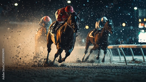 A nighttime horse racing scene under illuminated conditions.