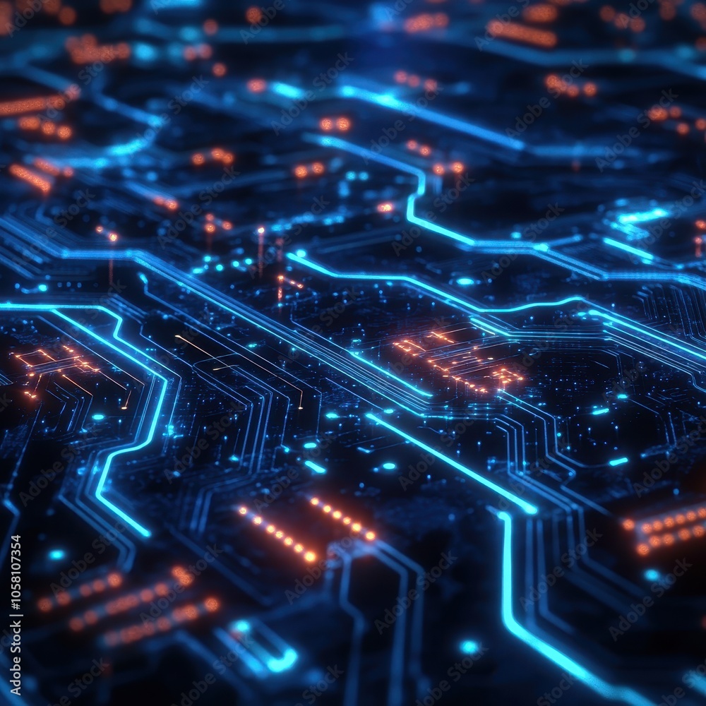 Abstract Circuit Board with Glowing Blue and Orange Lines - Technology Background. Abstract Circuit Board with Glowing Blue and Orange Lines - Technology Background.