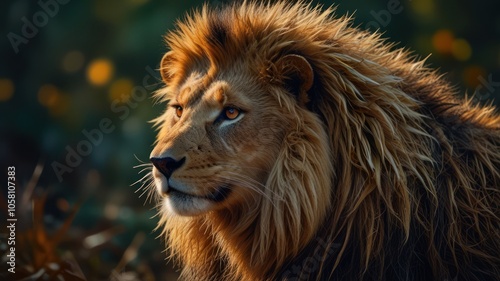 a lion, its golden mane flowing in the wind. The lion's sharp eyes and strong body convey a sense of power and authority, highlighting its intricate details and creating a sense of depth and texture.