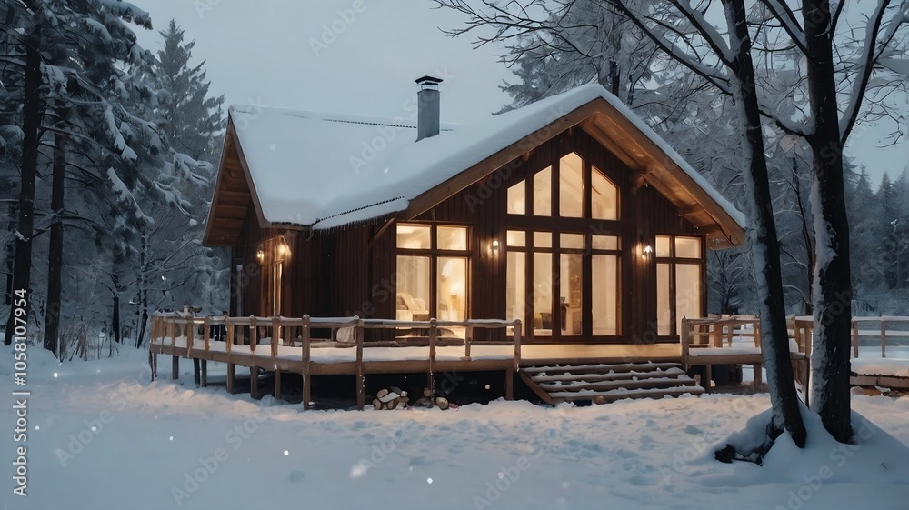 A house with a clean and minimalist Scandinavian interior design, with wooden and white elements. A Christmas tree with simple ornaments and warm white lights, while outside, fluffy snow covers the la A house with a clean and minimalist Scandinavian interior design, with wooden and white elements. A Christmas tree with simple ornaments and warm white lights, while outside, fluffy snow covers the la