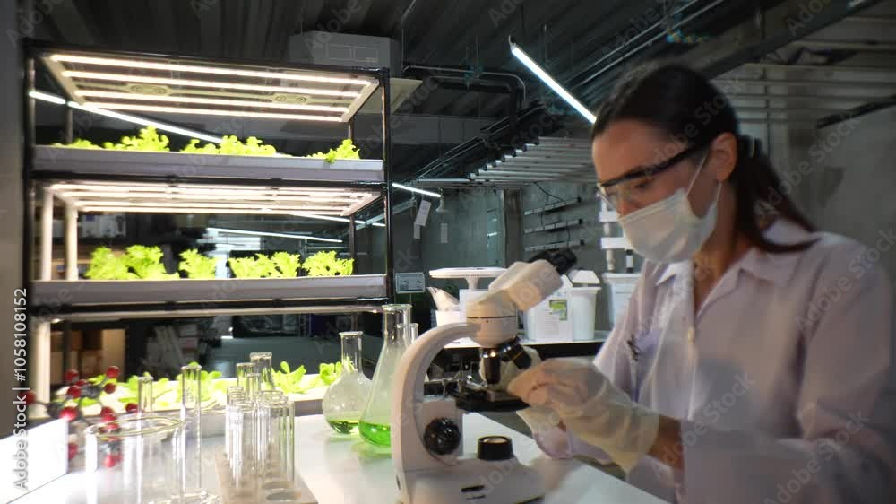 A scientist wearing a mask and gloves works in a lab, examining a green liquid in a beaker and using a microscope. The lab setup is well-lit, reflecting a focus on research, science, and experimentati A scientist wearing a mask and gloves works in a lab, examining a green liquid in a beaker and using a microscope. The lab setup is well-lit, reflecting a focus on research, science, and experimentati