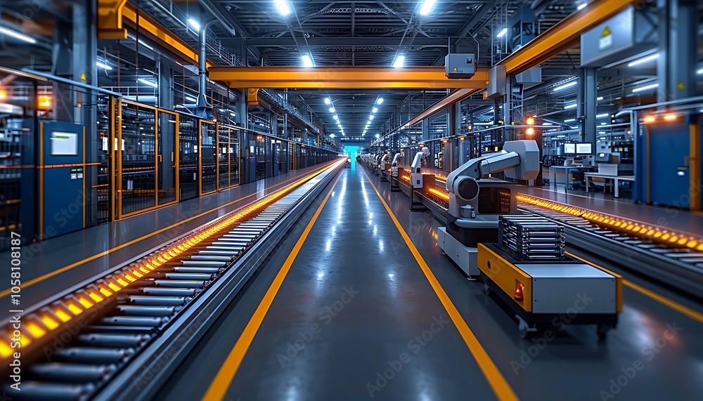 A modern factory interior showcasing automated machinery, conveyor belts, and bright lighting, conveying efficiency and high production capacity. A modern factory interior showcasing automated machinery, conveyor belts, and bright lighting, conveying efficiency and high production capacity.