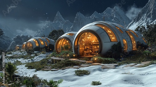 Futuristic dome-shaped houses nestled in a snowy mountain landscape under a starry sky.