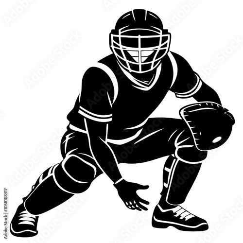 Powerful Catcher Silhouette: A dynamic silhouette of a baseball catcher in a ready stance, showcasing strength, focus, and athleticism.  Perfect for sports-themed designs and marketing. 