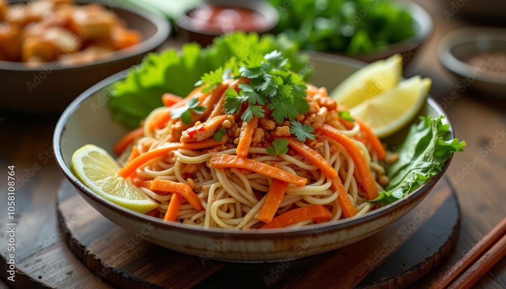Delicious Asian noodle dish with vibrant vegetables and fresh herbs Delicious Asian noodle dish with vibrant vegetables and fresh herbs