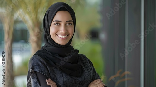 Smiling Arab Woman in a Black Hijab with Arms Crossed, Captured in a Portrait Against a Simple Background