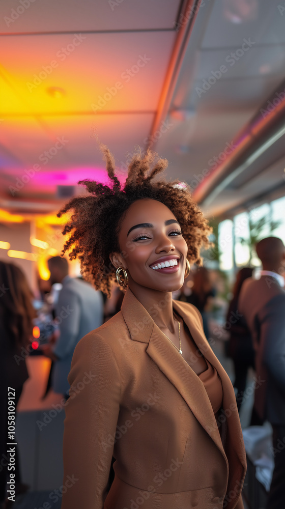 a brunette woman with curly hair, dressed in an elegant brown suit, celebrating happiness in a coworking office setting with colleagues on the eve of the new year after office